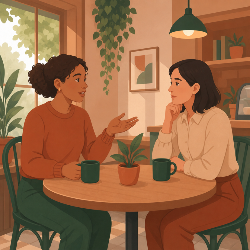 Two friends repairing a disagreement during a calm conversation at a café