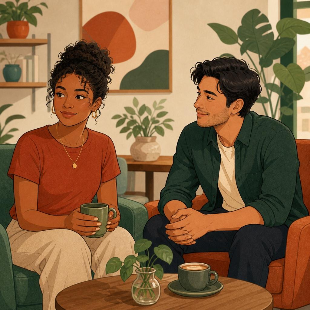 Two people talking on a park bench, one looking ahead thoughtfully while the other speaks