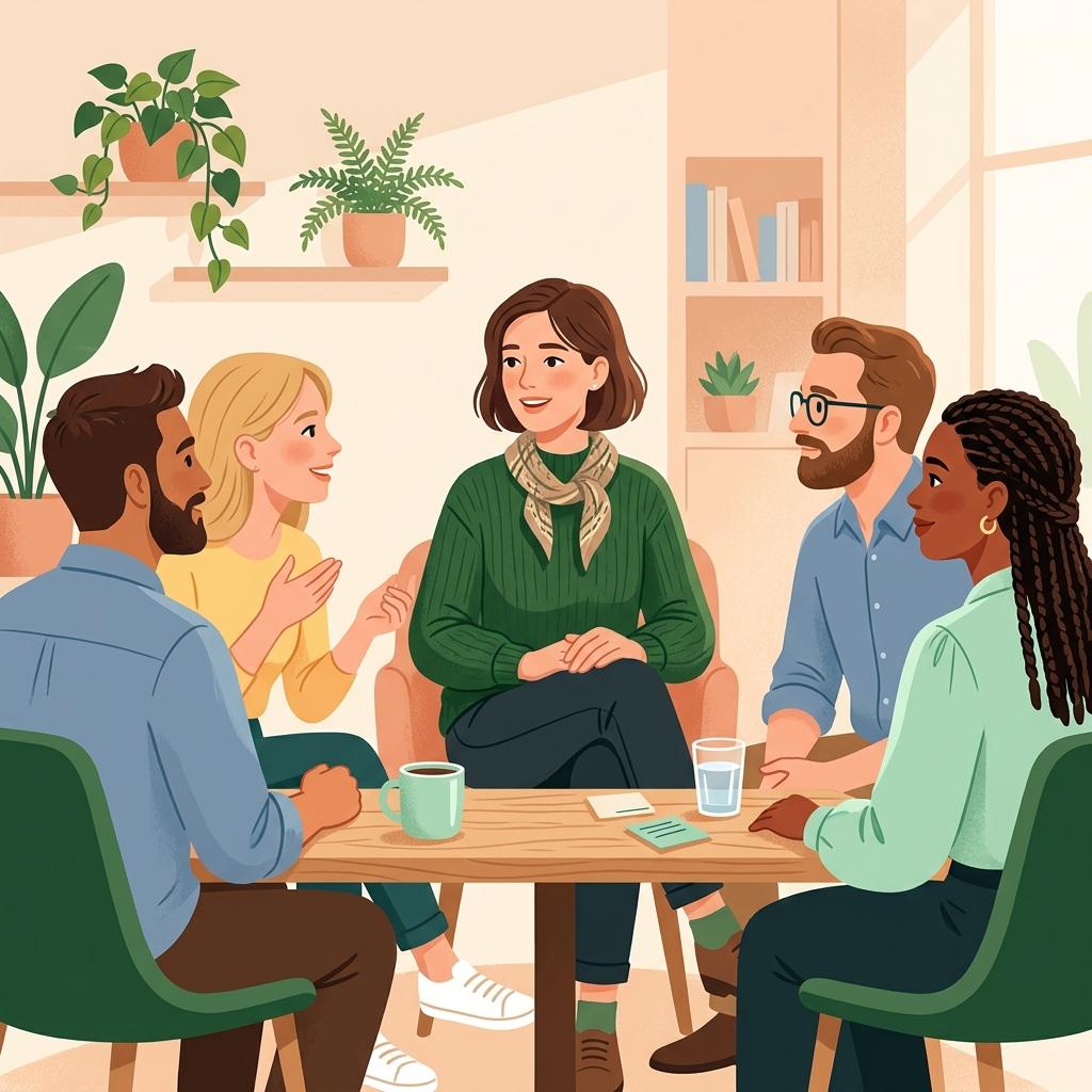 A quiet, thoughtful person in a group conversation, radiating calm confidence while others listen