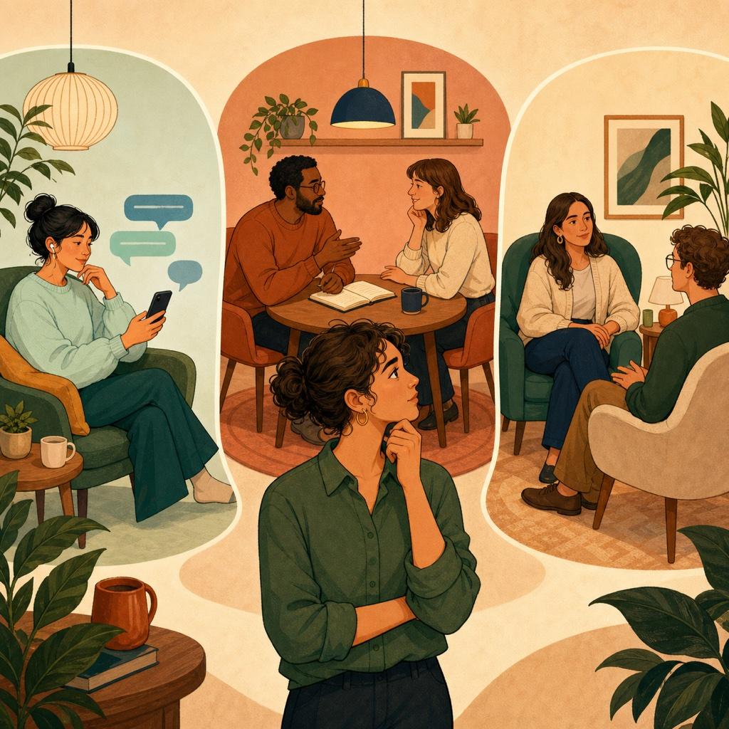 A person comparing phone-based practice, a human coaching conversation, and a supportive therapy setting