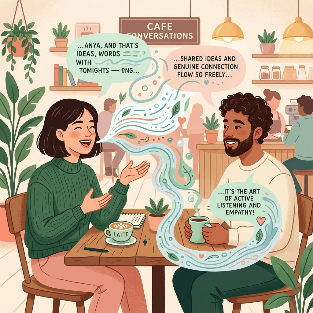 Two people having an engaging conversation at a coffee shop with visual metaphors of conversation flowing between them