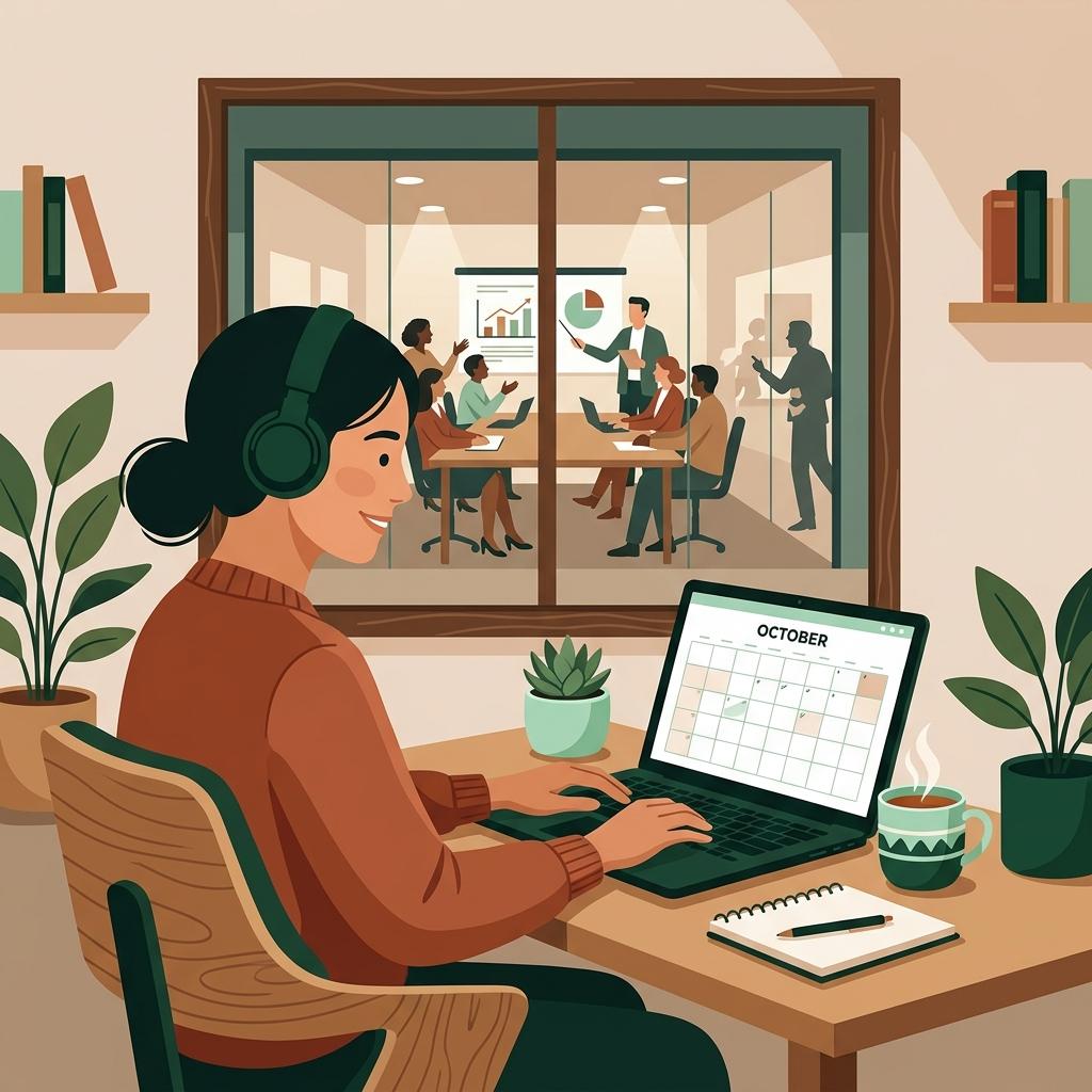 A person working peacefully at their desk with a clear calendar and focused expression