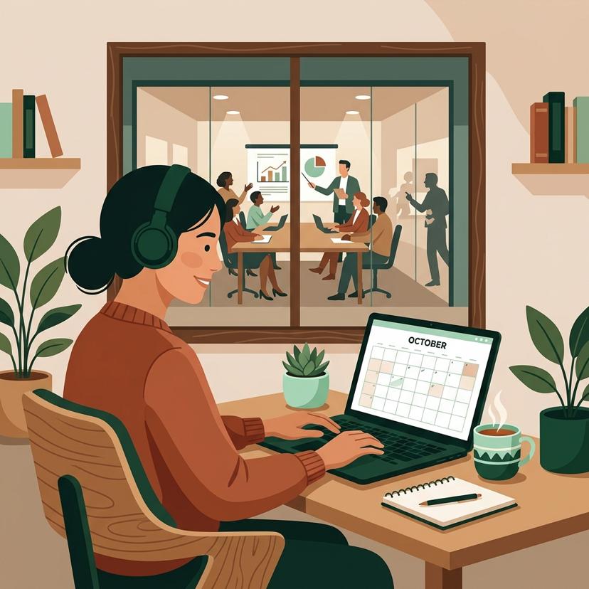 A person working peacefully at their desk with a clear calendar and focused expression