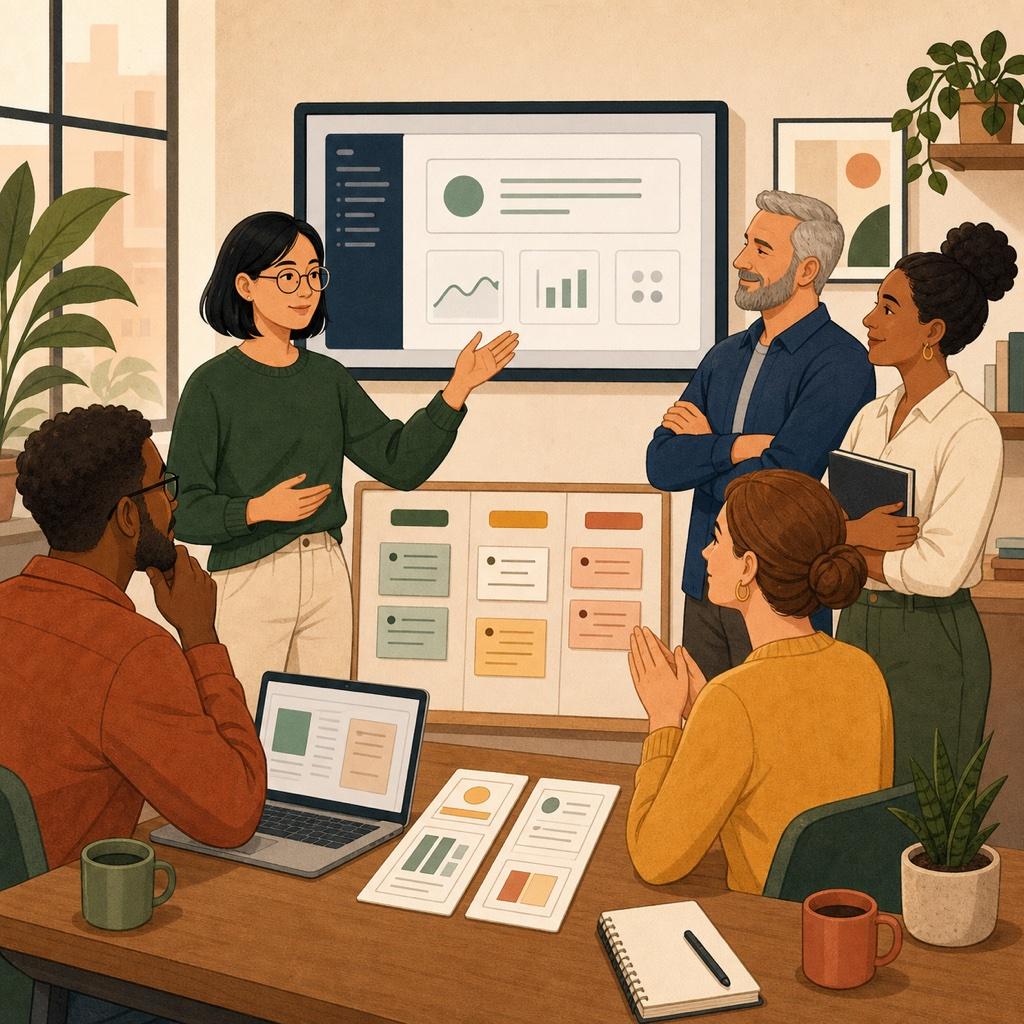 Quiet software engineer sharing a concise project update with teammates in a calm meeting