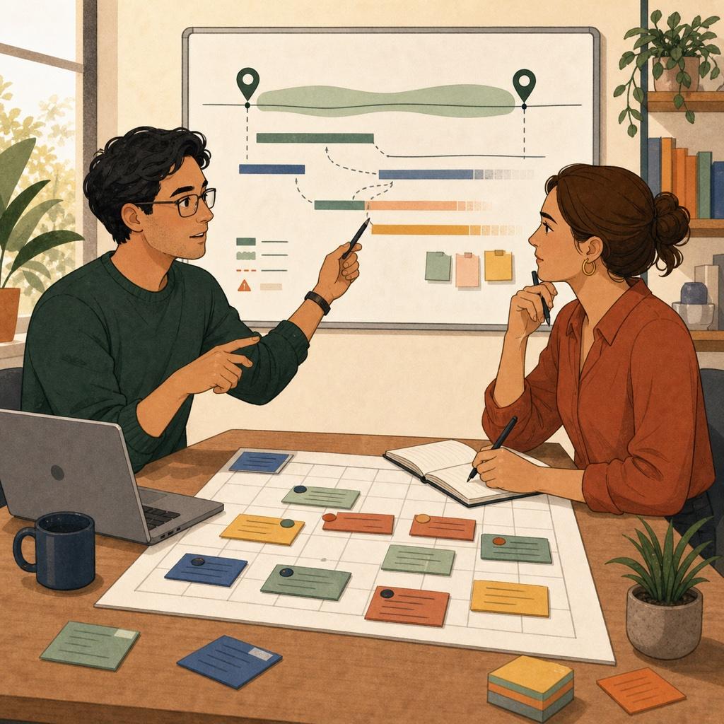 Software engineer explaining an estimate range and project risks on a timeline