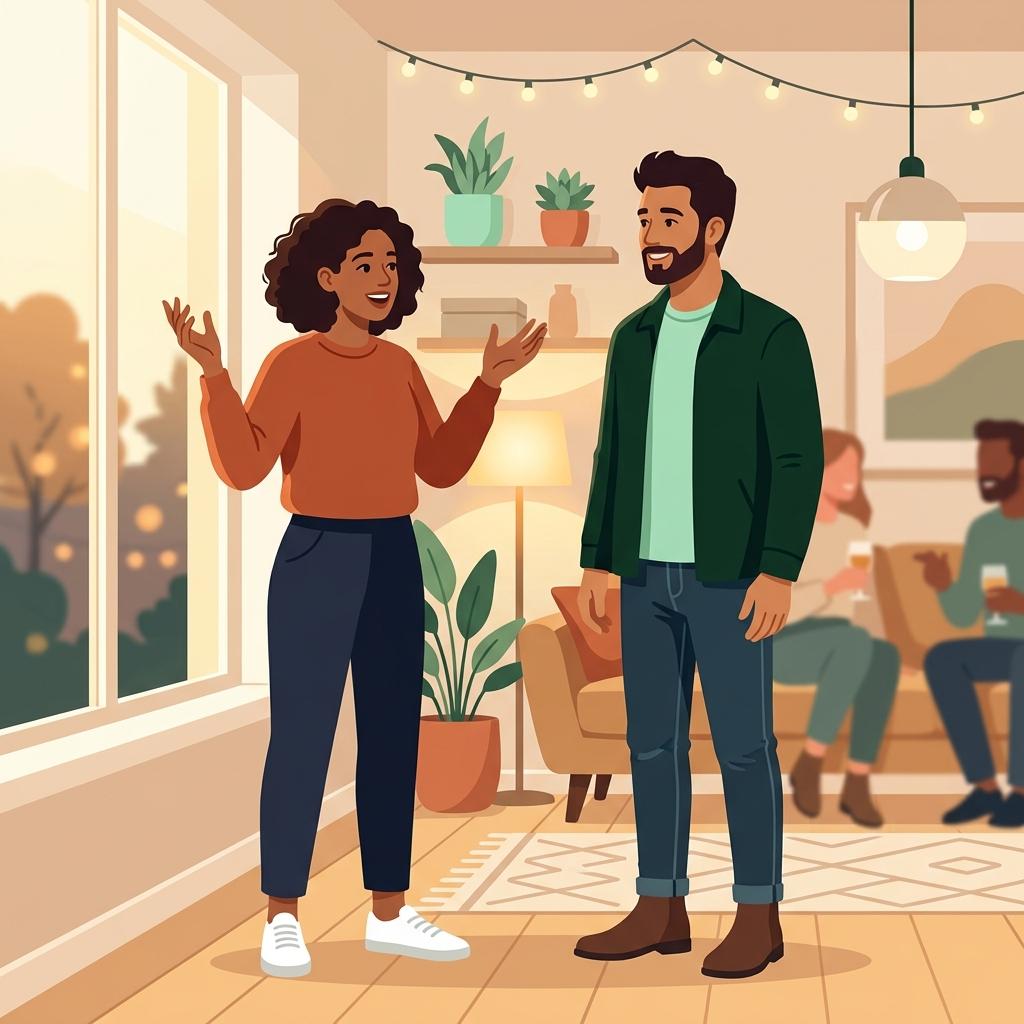 Two people at a party, one explaining something with animated hand gestures while the other listens with genuine interest