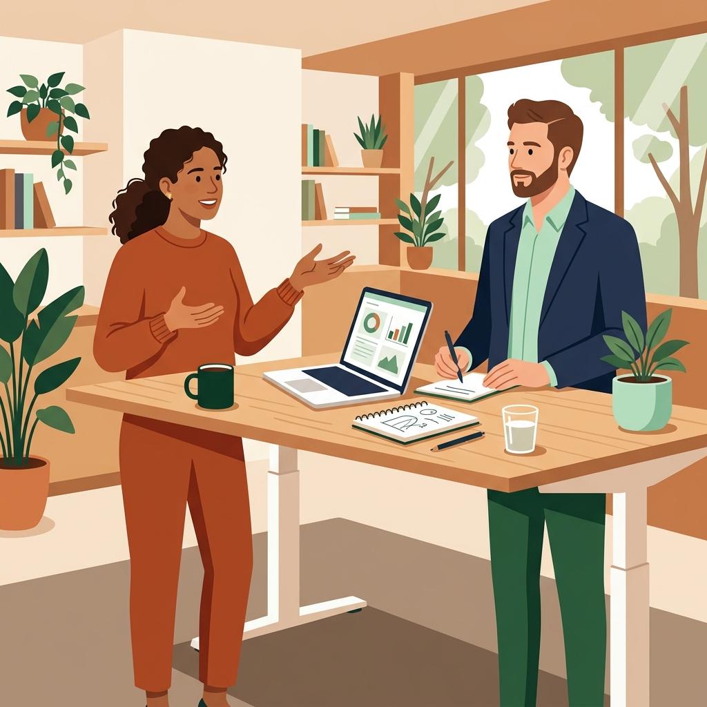 Two colleagues having a constructive conversation at a shared desk