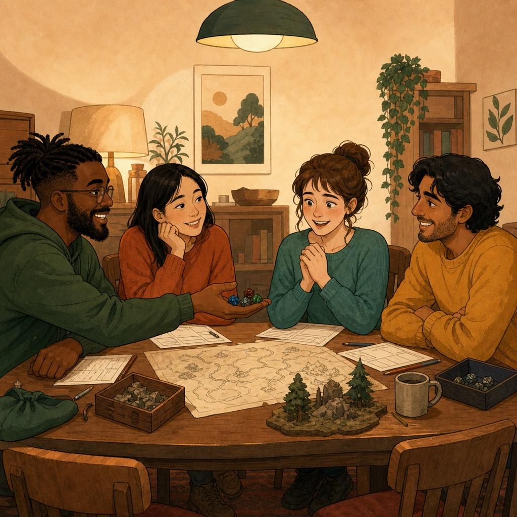Friends playing a tabletop roleplaying game with dice, character sheets, and miniatures