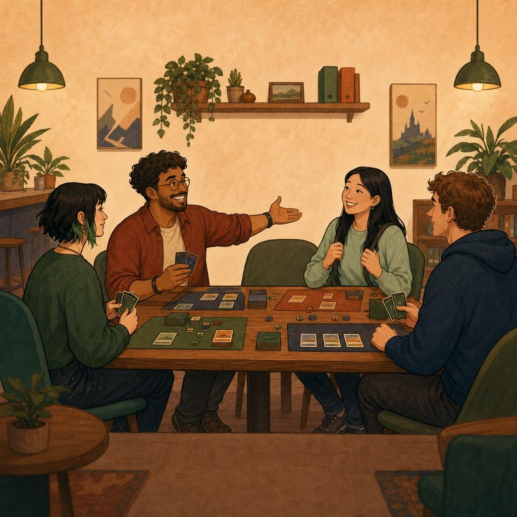 People sitting around a table at a local game event, talking and playing cards