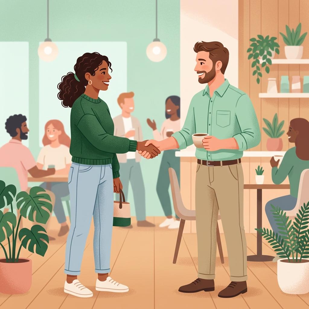 Two people meeting for the first time at a casual social setting, shaking hands with genuine smiles