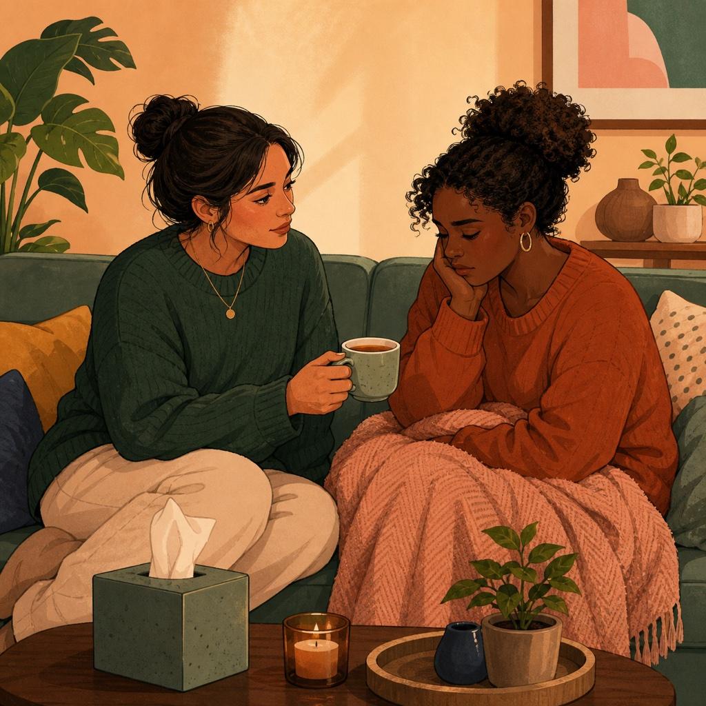 One friend sitting beside another on a couch, offering quiet company and a mug of tea during a hard conversation