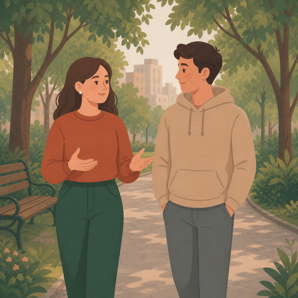 Two friends discussing hurt feelings calmly while walking in a quiet park