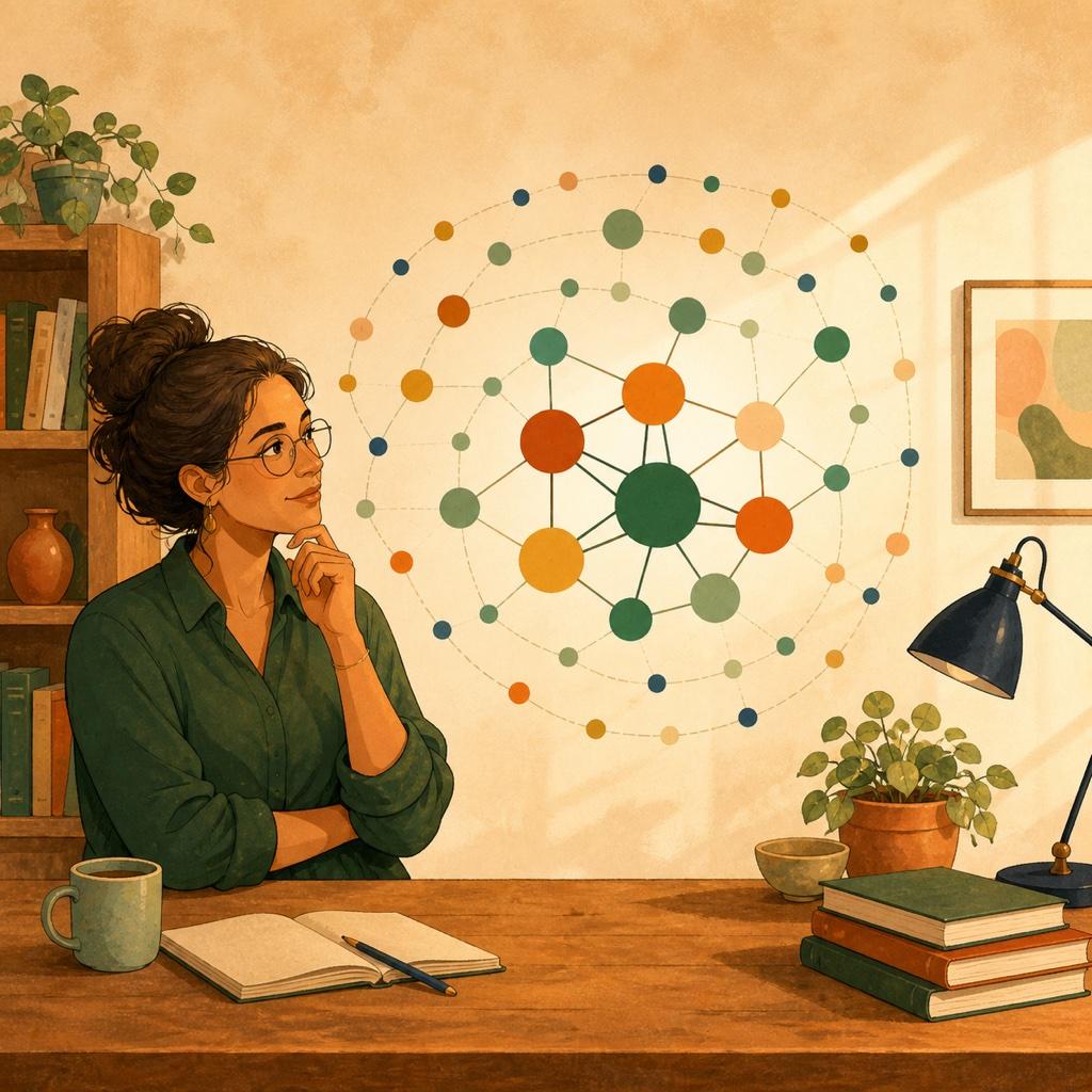 A thoughtful adult considering an abstract network of close friends and wider social connections