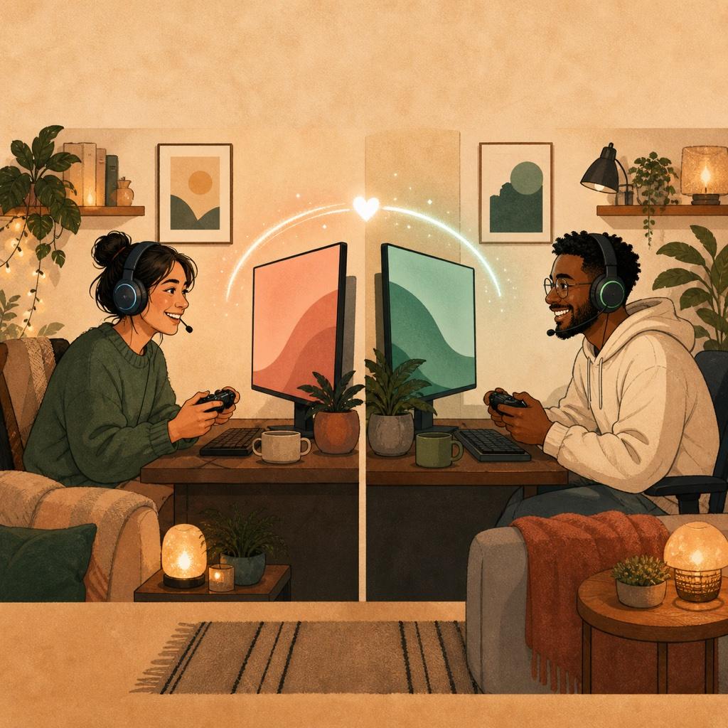 Two people talking online through headsets while playing a cooperative game