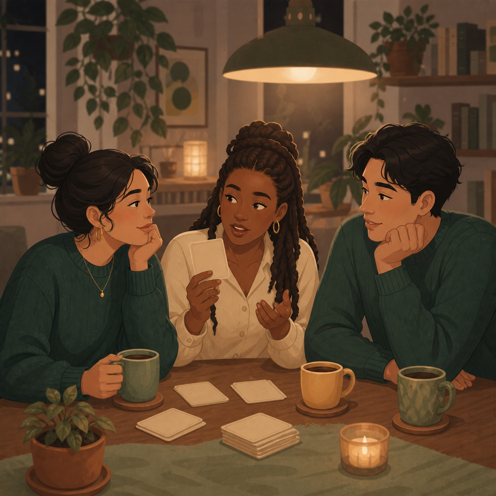 Three close friends having an honest late-night conversation around a table