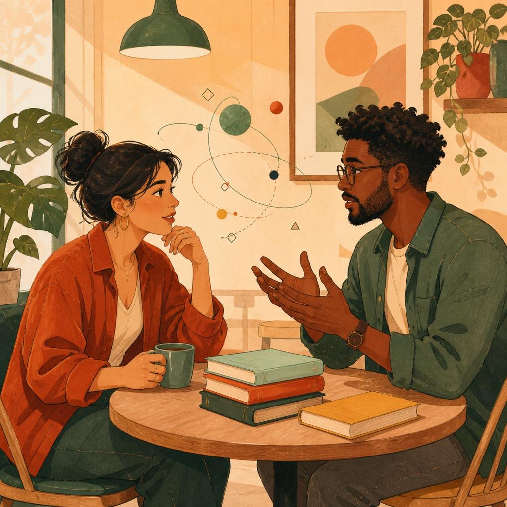 Two friends deep in an animated late-night conversation over coffee, one sketching an idea on a napkin