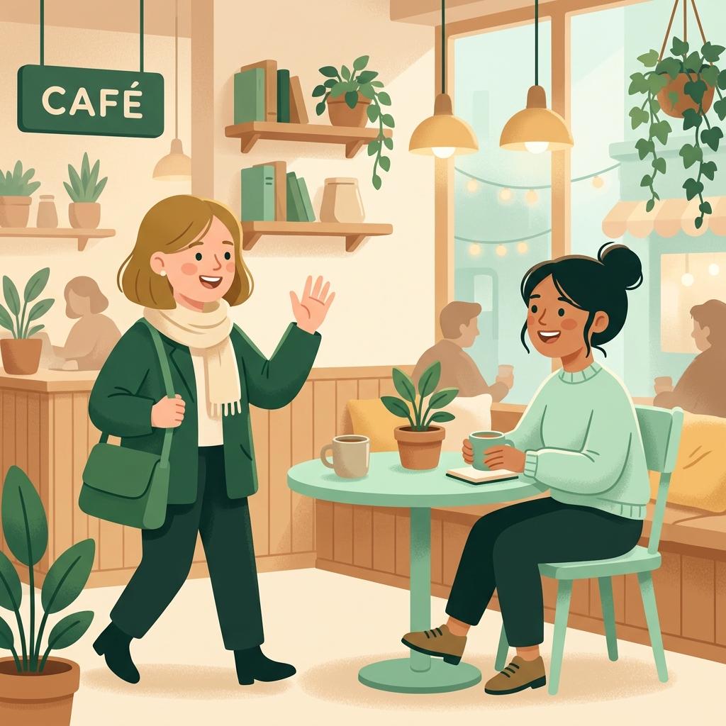 Two friends meeting up for coffee at a casual café