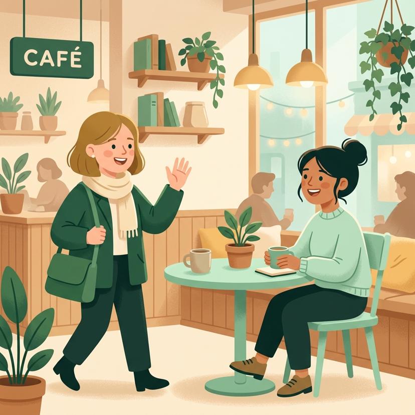 Two friends meeting up for coffee at a casual café