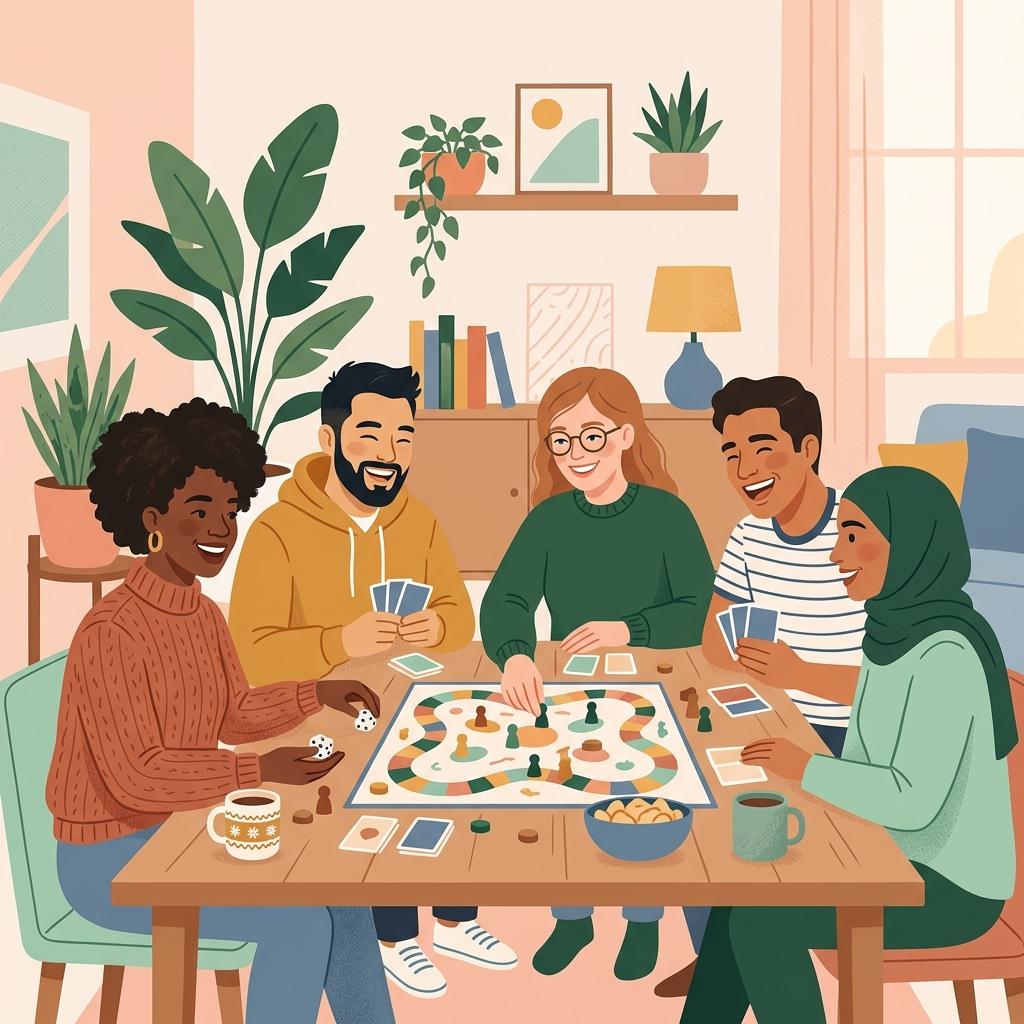 A small group of diverse friends connecting over a board game, laughing together