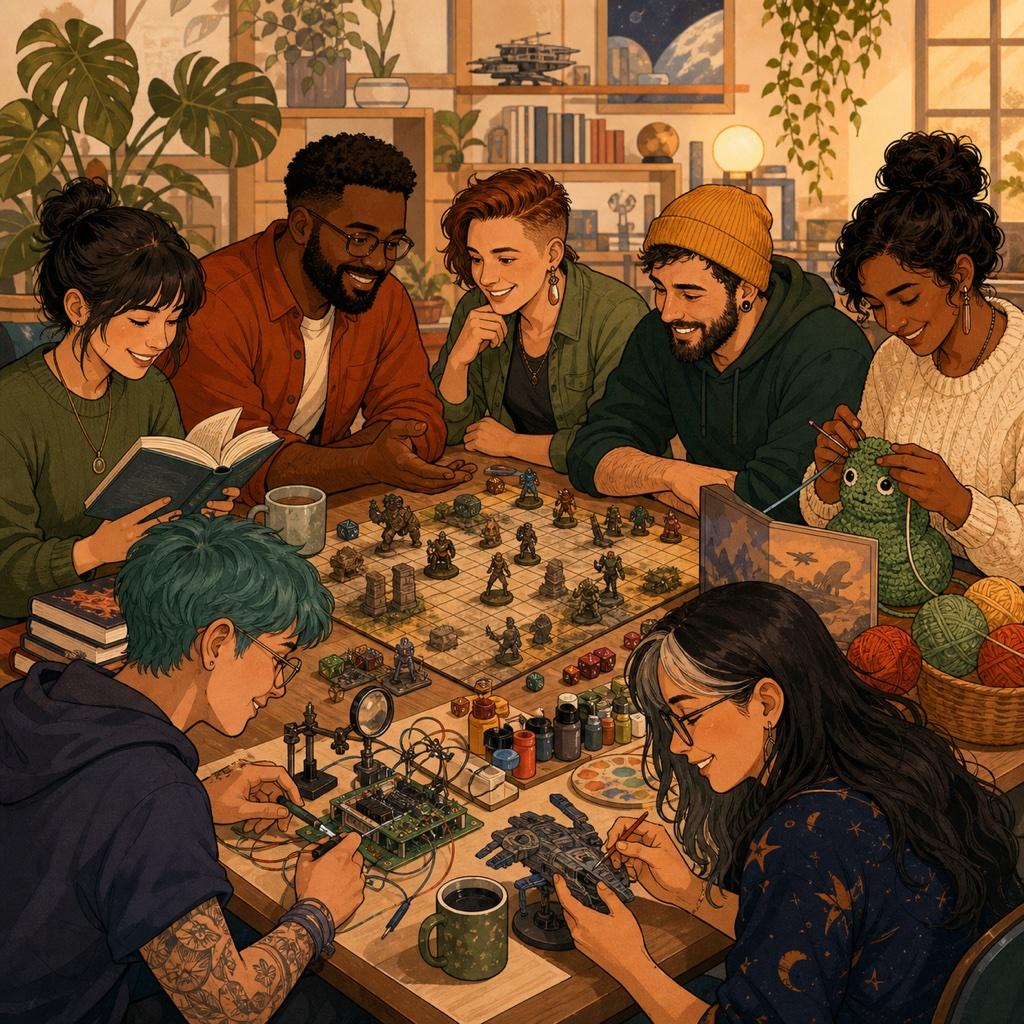 A group of people sharing niche interests through games, books, art, and technology