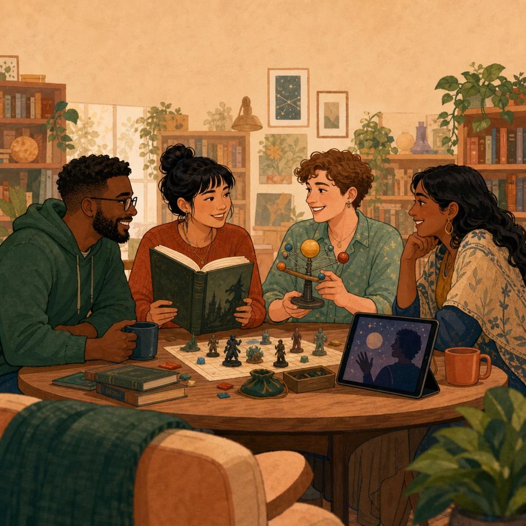 A small group of friends chatting around a table with games and laptops