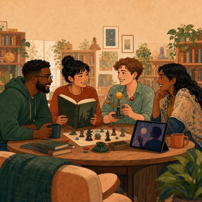 A small group of friends chatting around a table with games and laptops