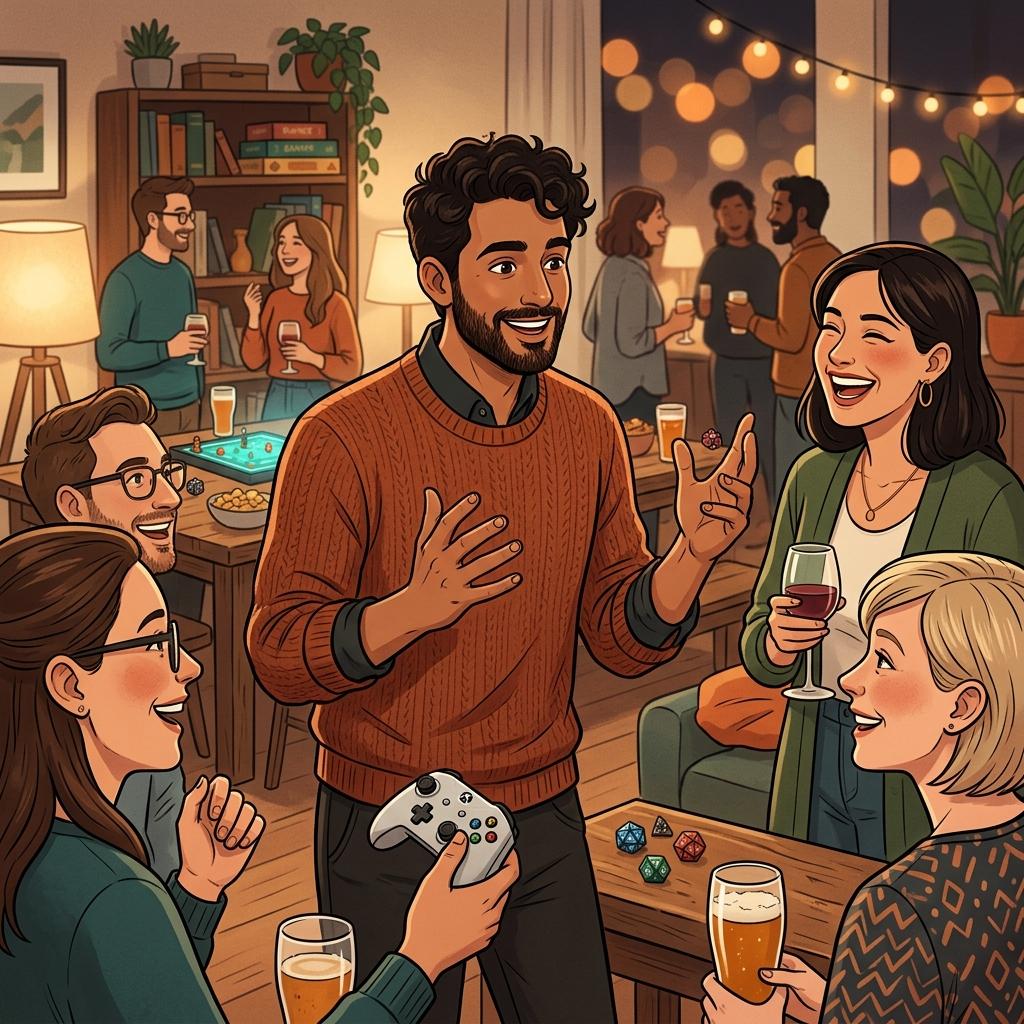 A confident person enthusiastically talking about their nerdy hobbies at a social gathering while friends listen, engaged and smiling