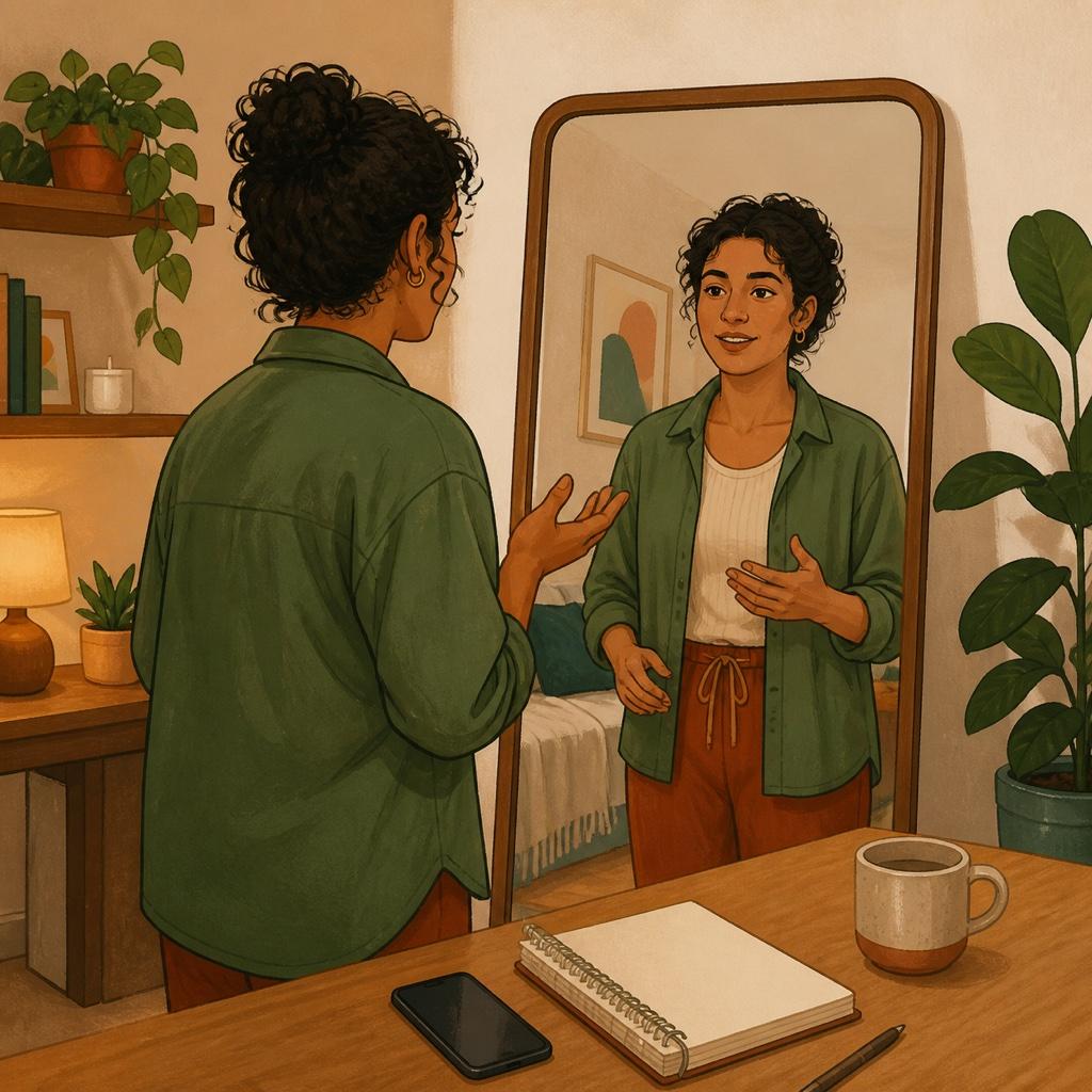 A relaxed person talking through a conversation at a table, practicing what to say before the real interaction