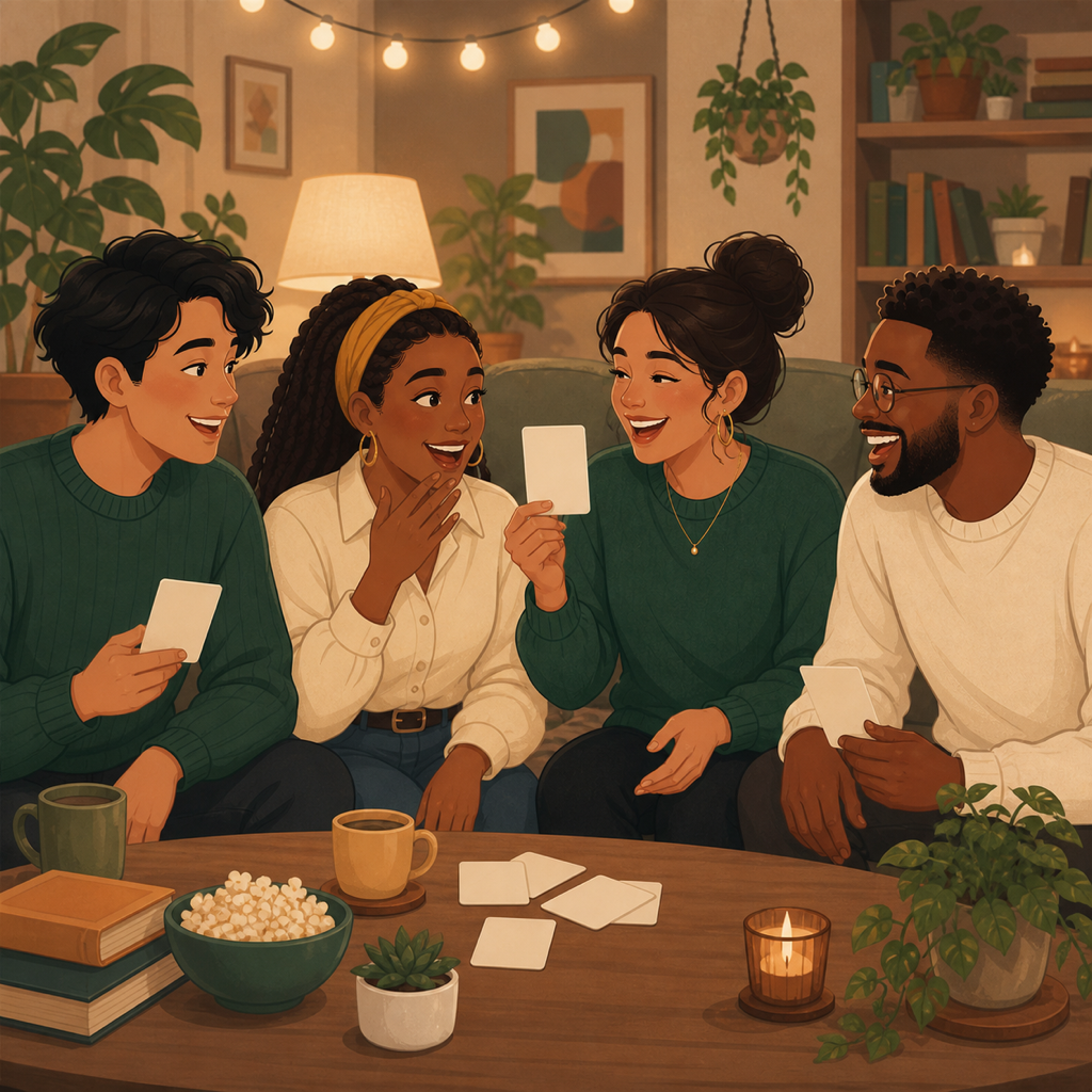 A group of friends laughing together while playing a question-card game at home
