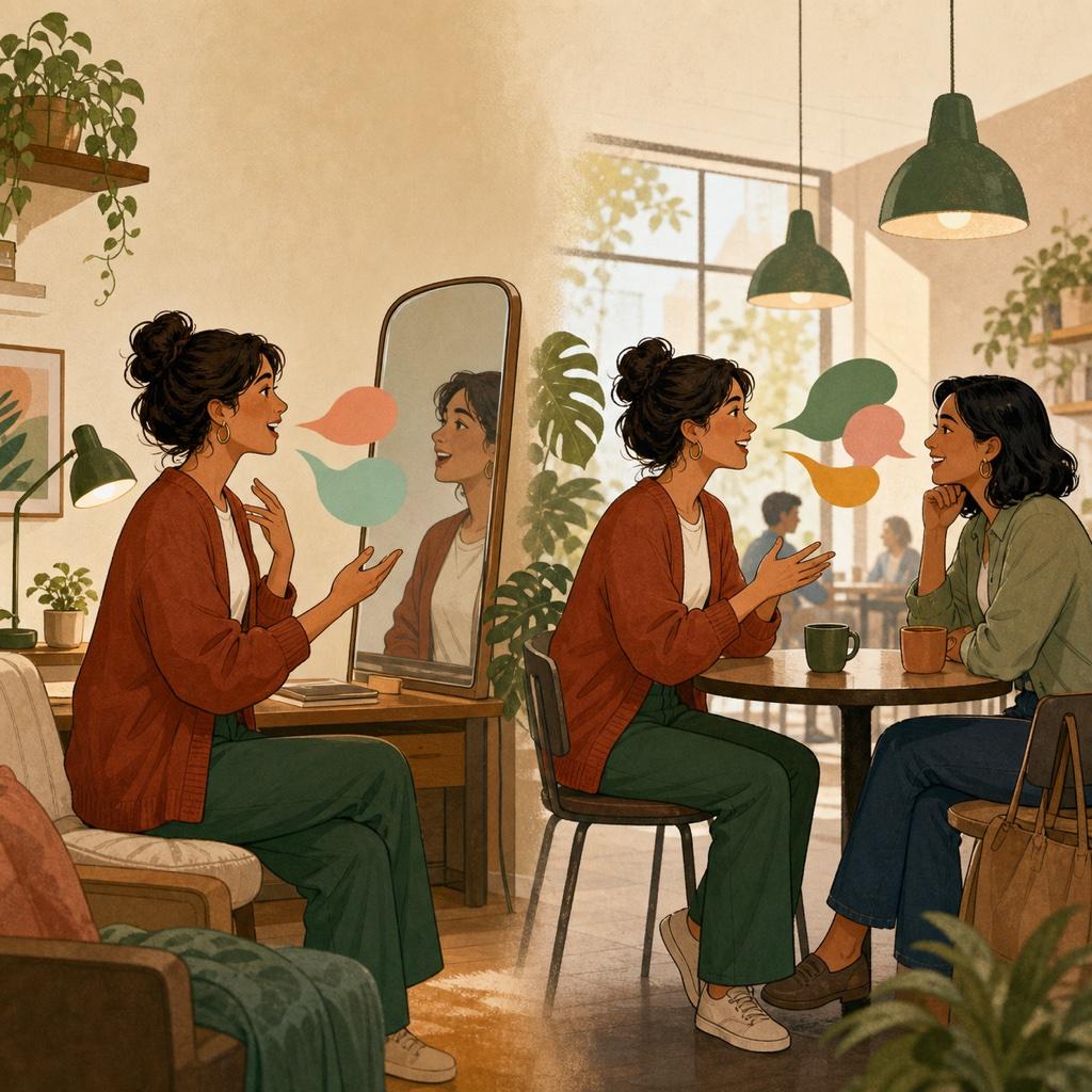 A calm person whose racing thoughts settle as anxious replay turns into structured rehearsal of a conversation