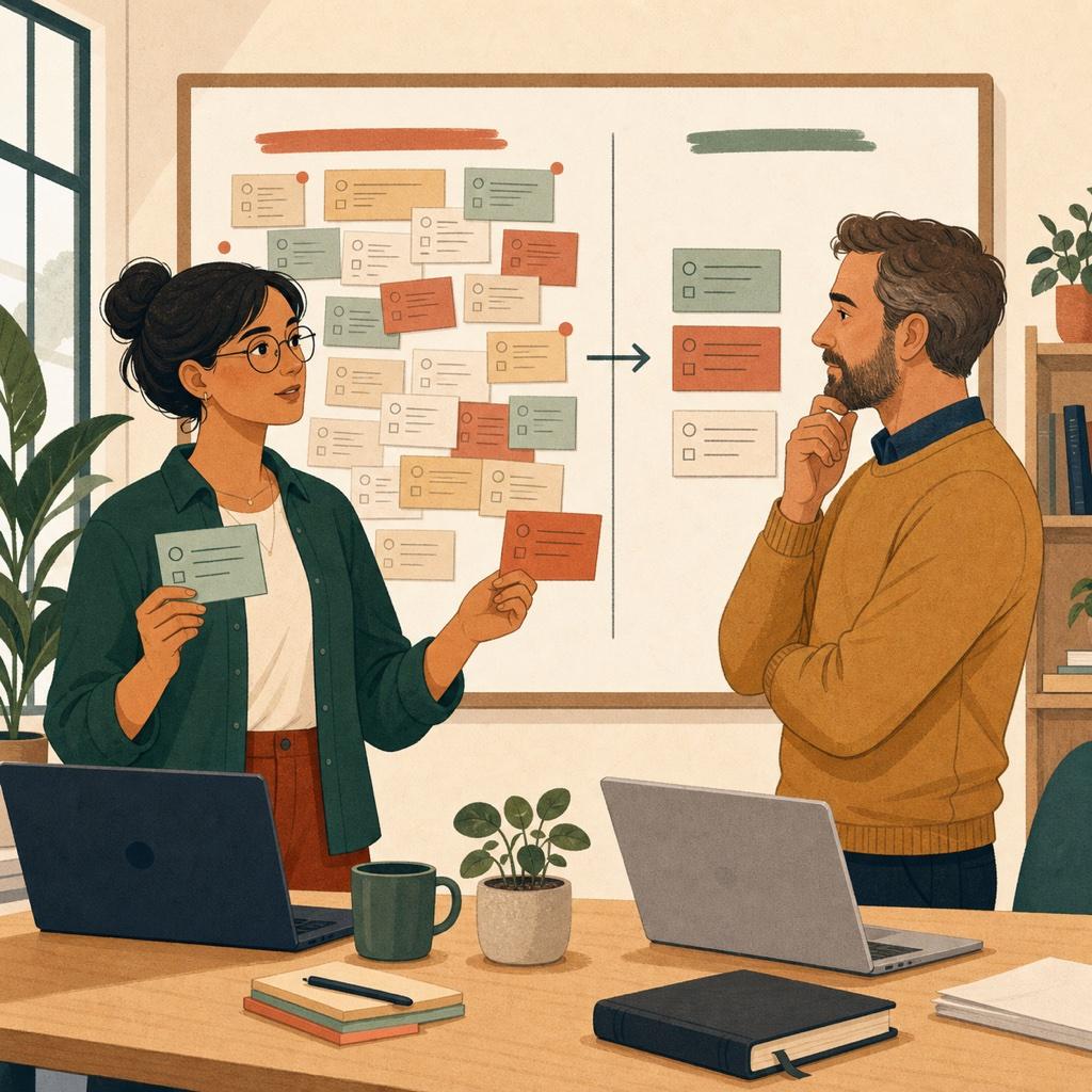 Software engineer and project lead calmly reviewing scope and deadlines on a project board