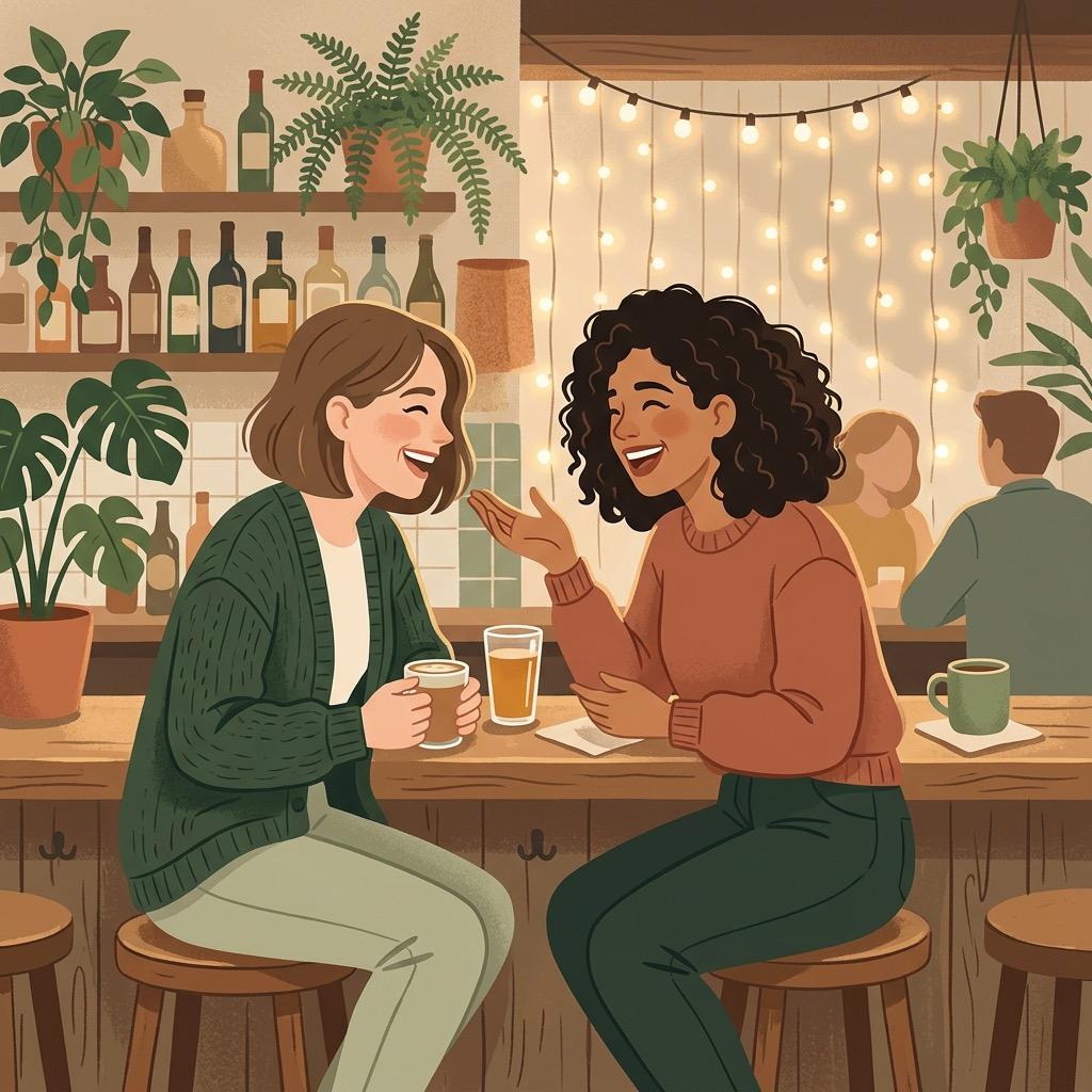 Two people chatting easily while waiting together, illustrated in a warm and relaxed style