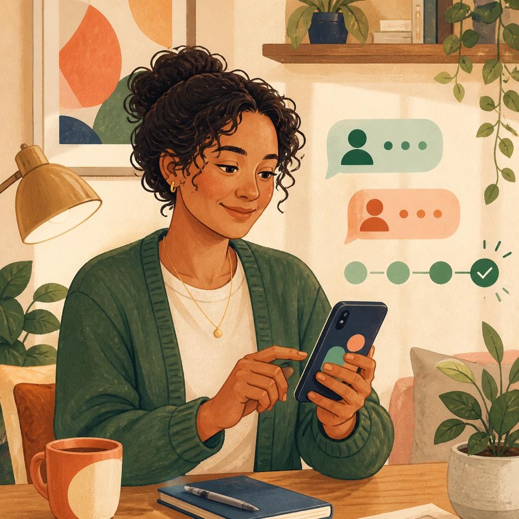 A thoughtful person at their desk practicing a conversation, surrounded by chat bubbles and lightbulb ideas