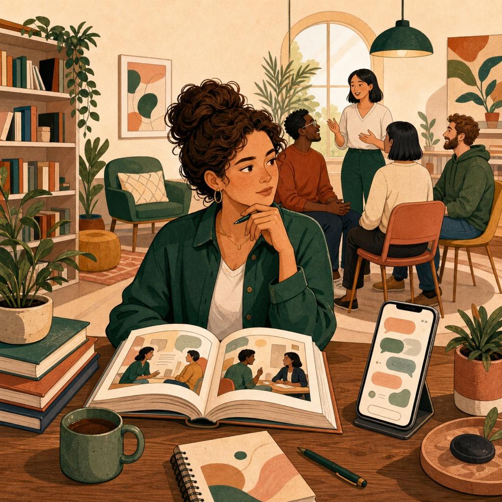 A person comparing a book, a small workshop, and a phone-based practice tool for building social skills