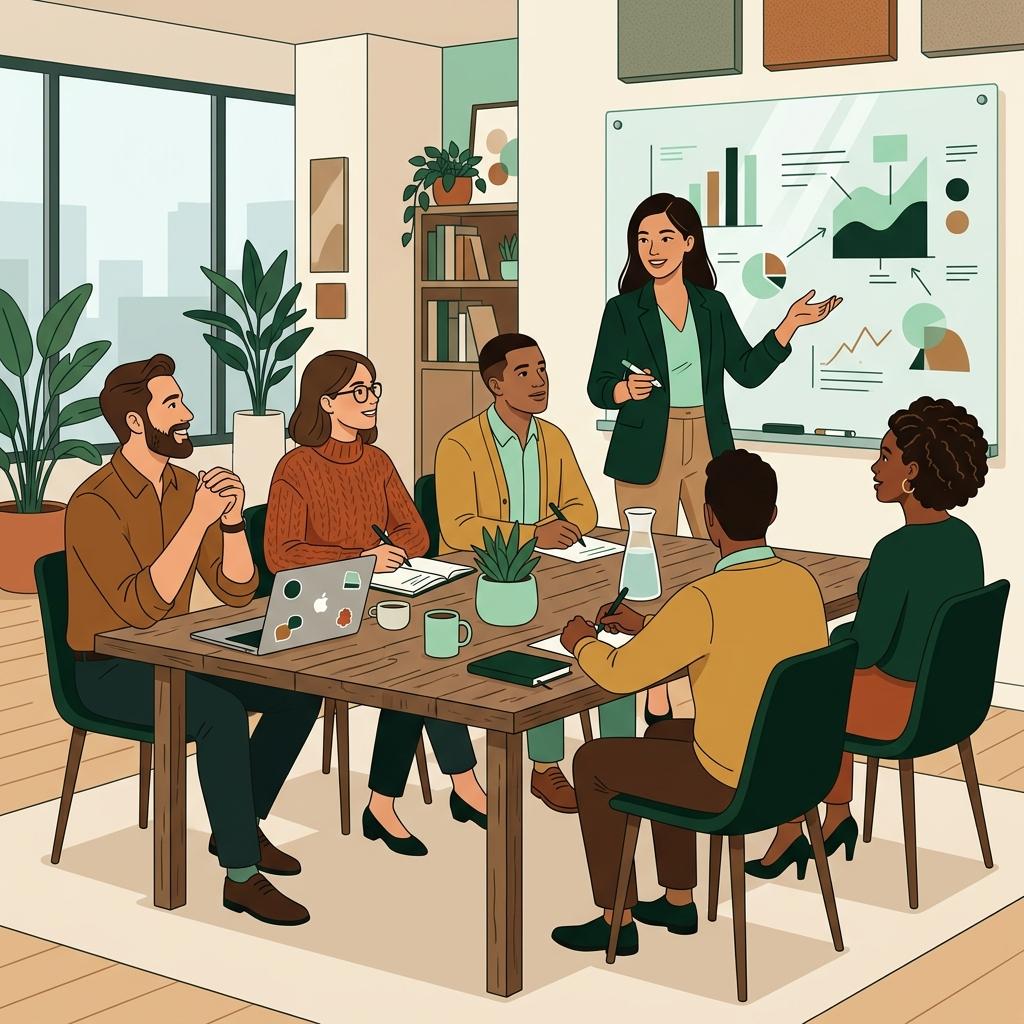 A person confidently sharing an idea with colleagues in a meeting room