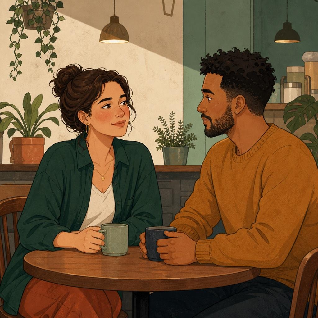 A person with warm cheeks continuing a calm conversation with relaxed body language