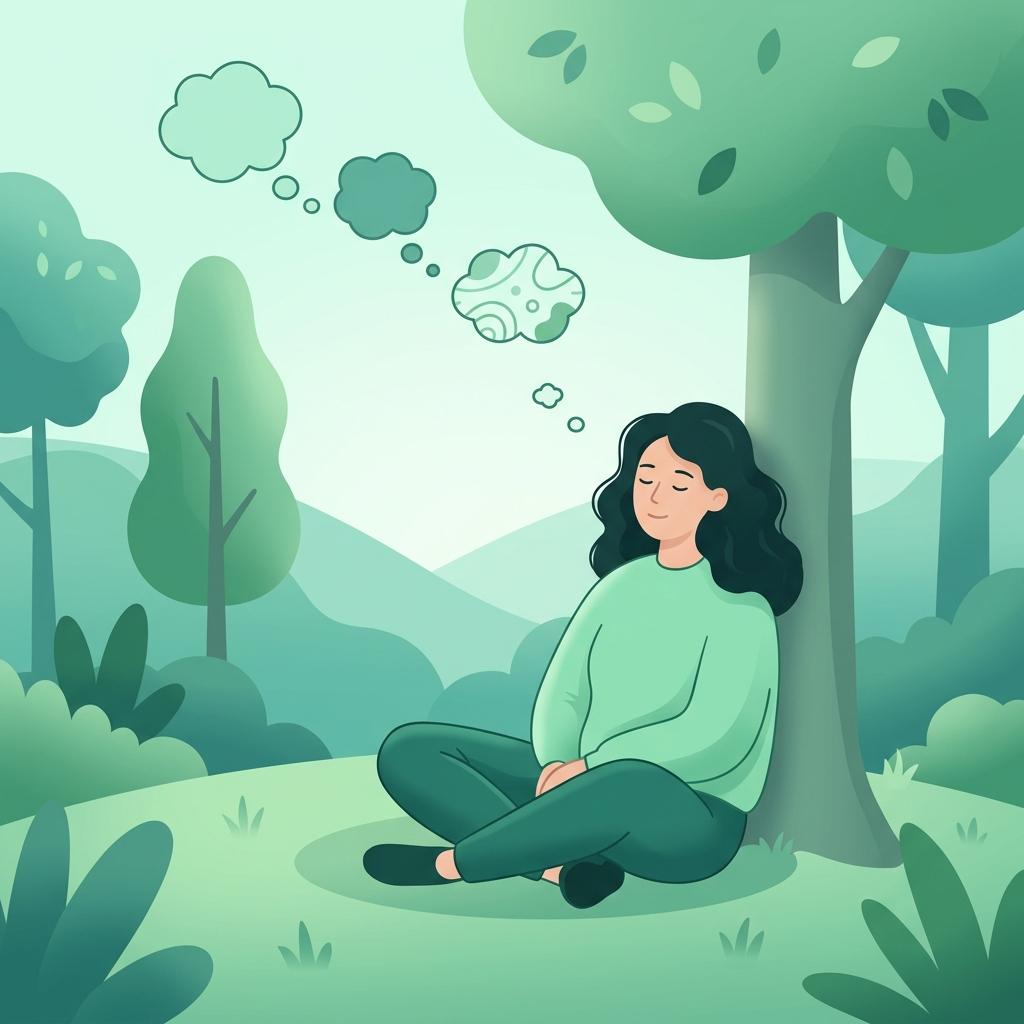 Person relaxing as thought bubbles float away peacefully