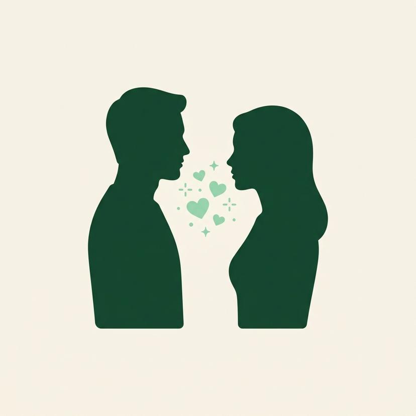 Illustration of two people facing each other with small hearts and sparkles between them