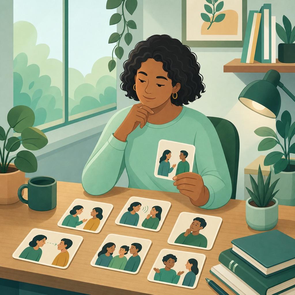 A person calmly sorting illustrated cards representing everyday social situations