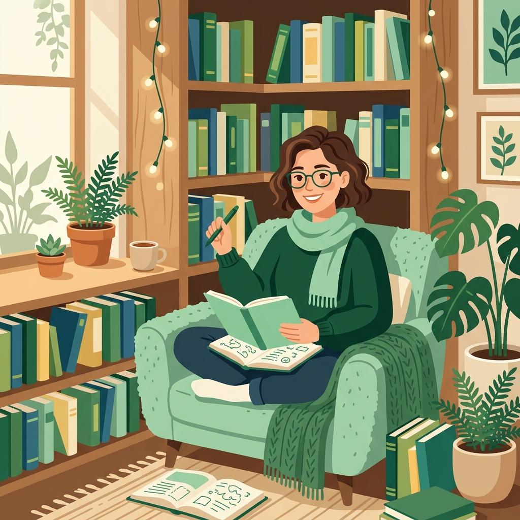 Friendly person reading in a cozy nook surrounded by books