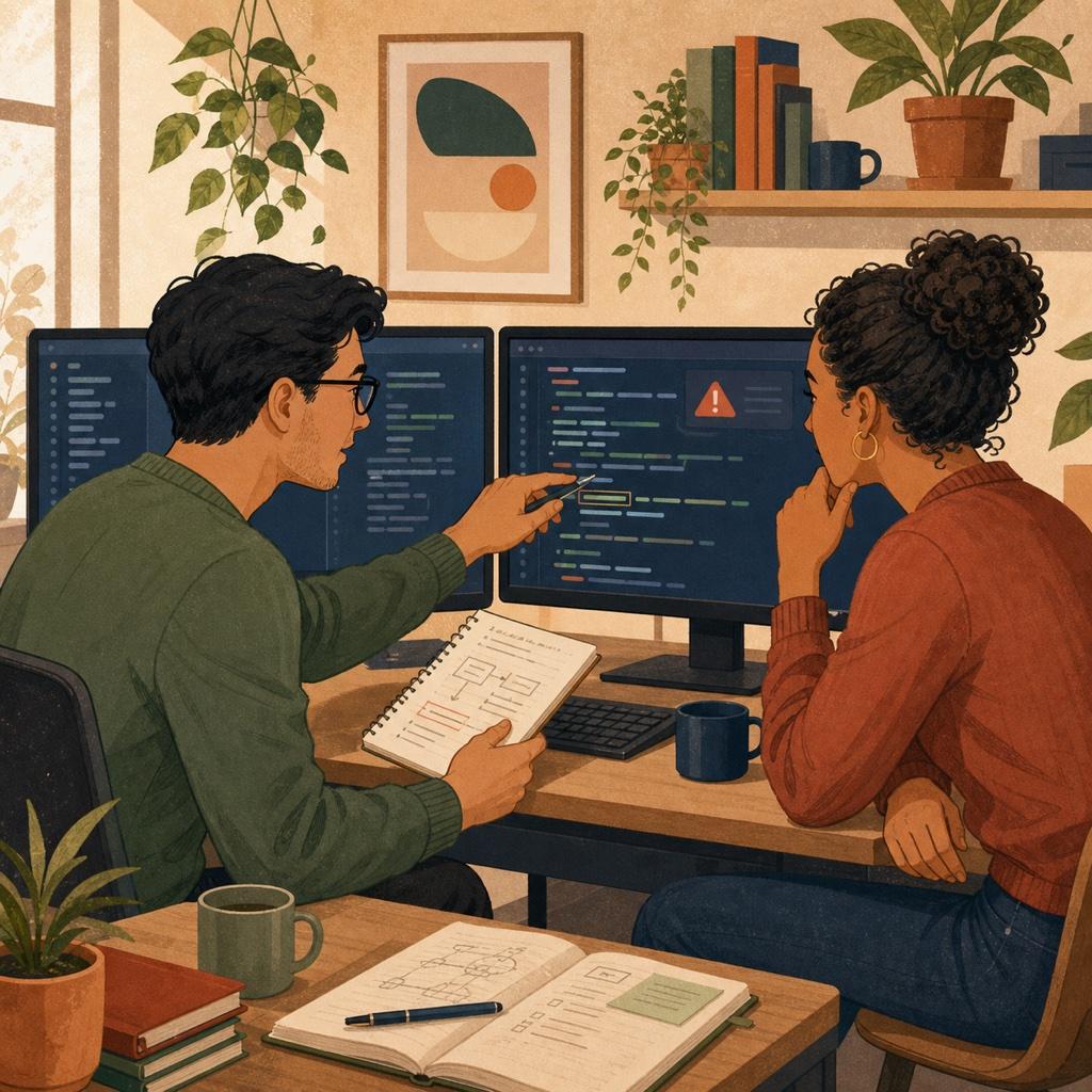 Developer asking a supportive teammate for help while they look at code together