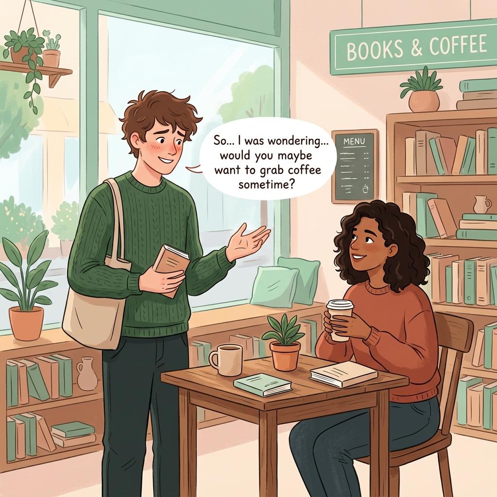 A person nervously but genuinely asking someone out at a bookstore café