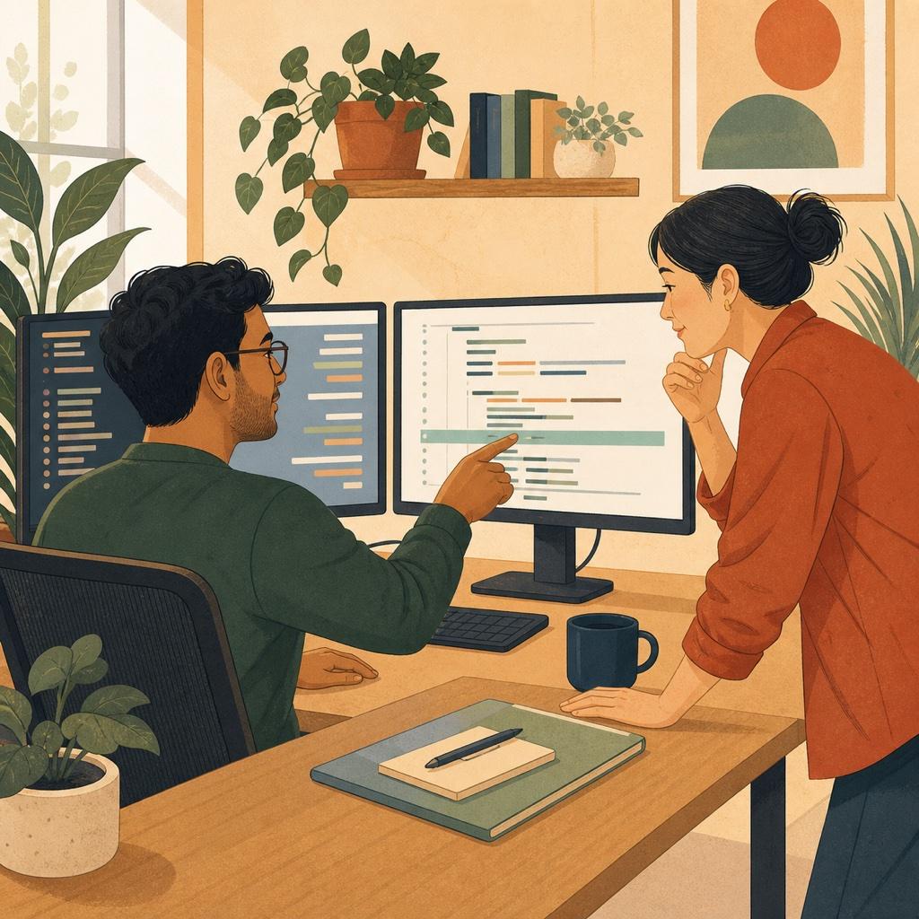 Developer writing a thoughtful code review comment beside a highlighted code diff