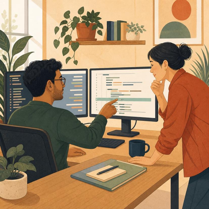Developer writing a thoughtful code review comment beside a highlighted code diff