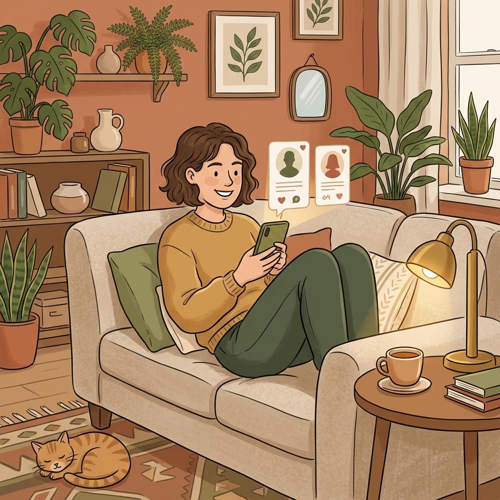 A person thoughtfully looking at their phone with a calm, strategic expression rather than mindless swiping
