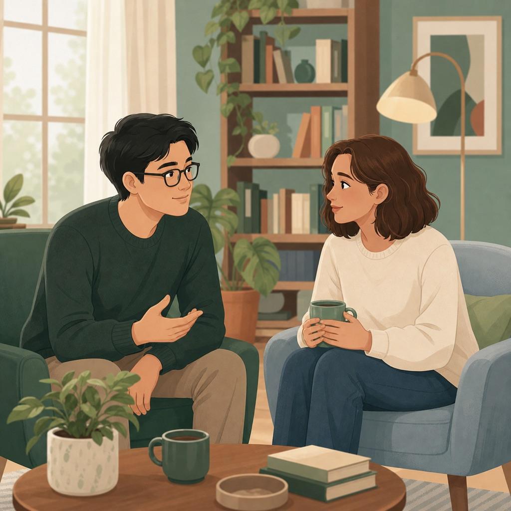 A quiet person having a warm, attentive conversation with a friend in a cozy room