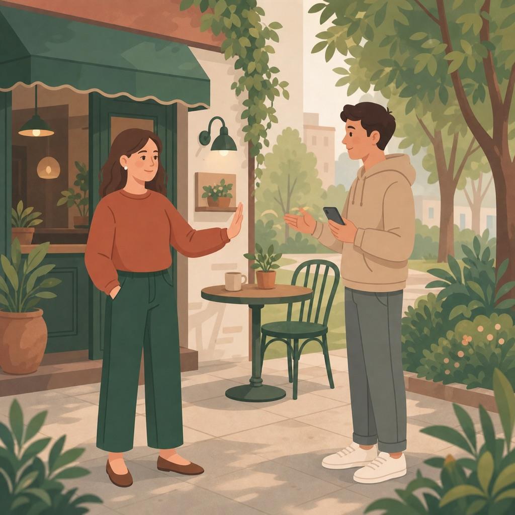 A person calmly setting a boundary with a friend who is holding a phone outside a café