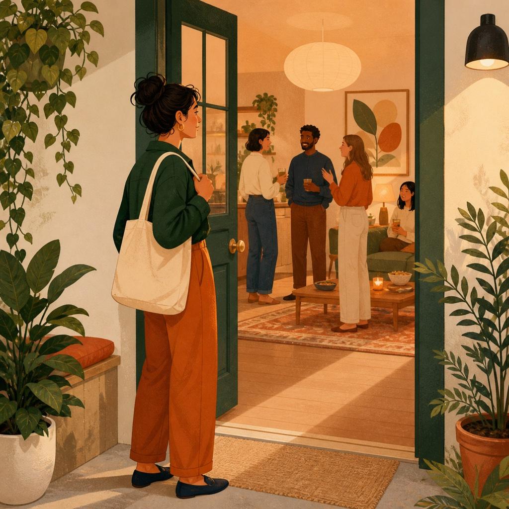 A relaxed house gathering where a few people chat in small groups near the kitchen while someone arrives at the door