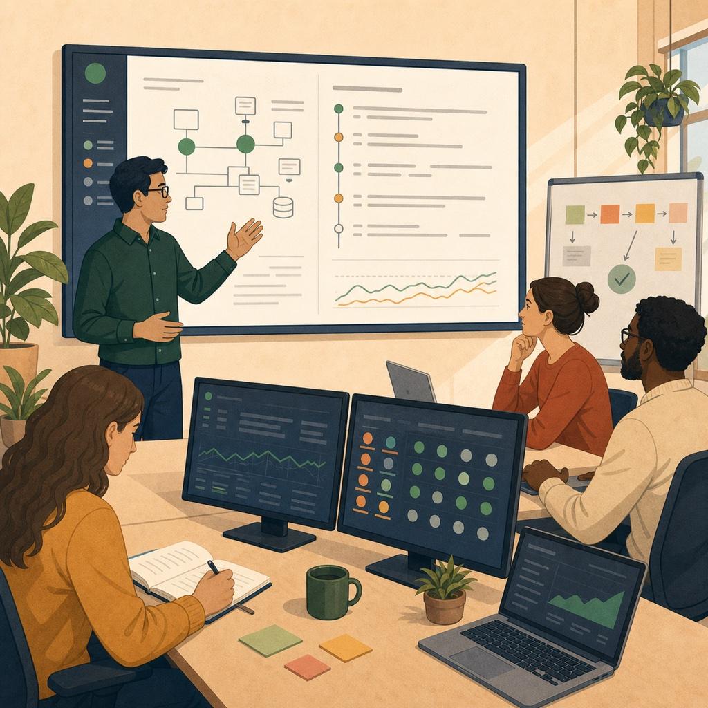 An engineering team calmly coordinating an incident response around an operations dashboard