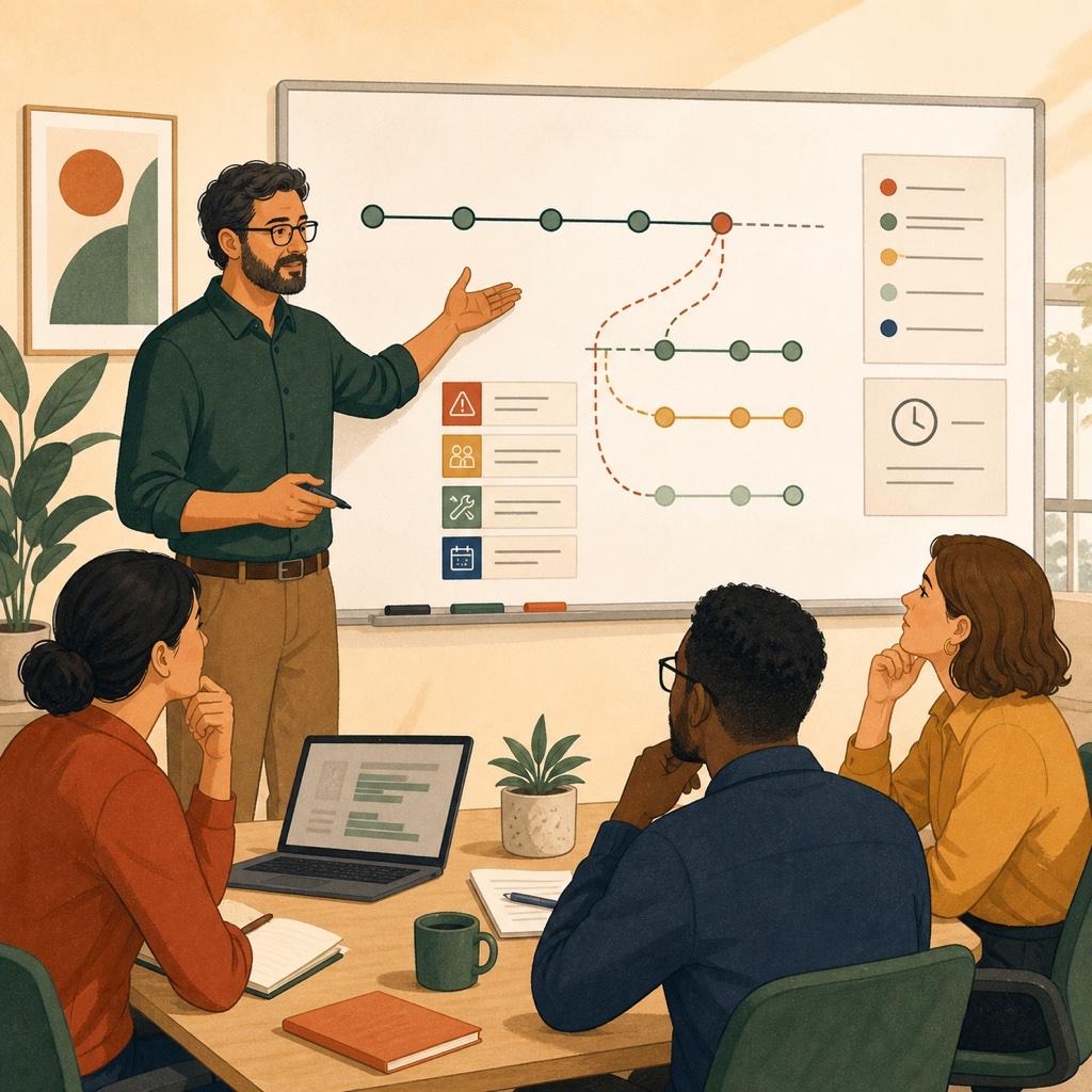 An engineer calmly walking stakeholders through an updated project timeline on a screen